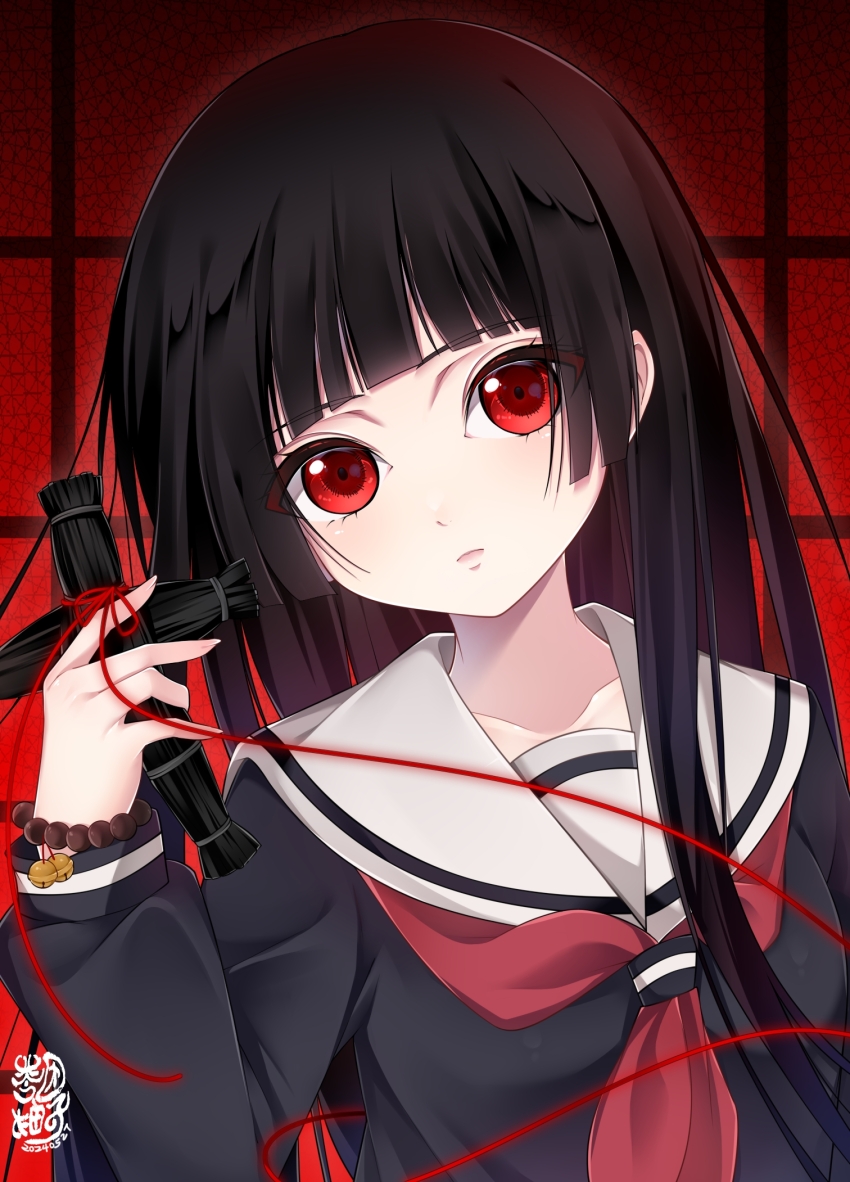 1girl black_hair black_serafuku blunt_bangs commentary_request enma_ai expressionless highres hime_cut jigoku_shoujo lingyin_(txey3274) long_hair looking_at_viewer red_eyes school_uniform serafuku solo straw_doll string string_of_fate upper_body
