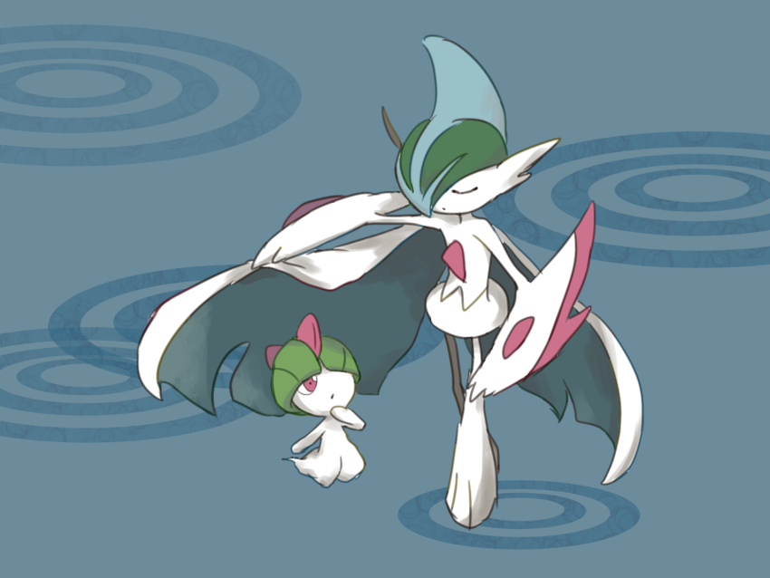 arm_blade bowl_cut cape closed_eyes colored_skin gallade gen_3_pokemon gen_4_pokemon green_hair hair_over_one_eye highres hinata_kanata mega_gallade mega_pokemon nintendo pink_eyes pokemon pokemon_(creature) ralts simple_background weapon white_cape white_skin