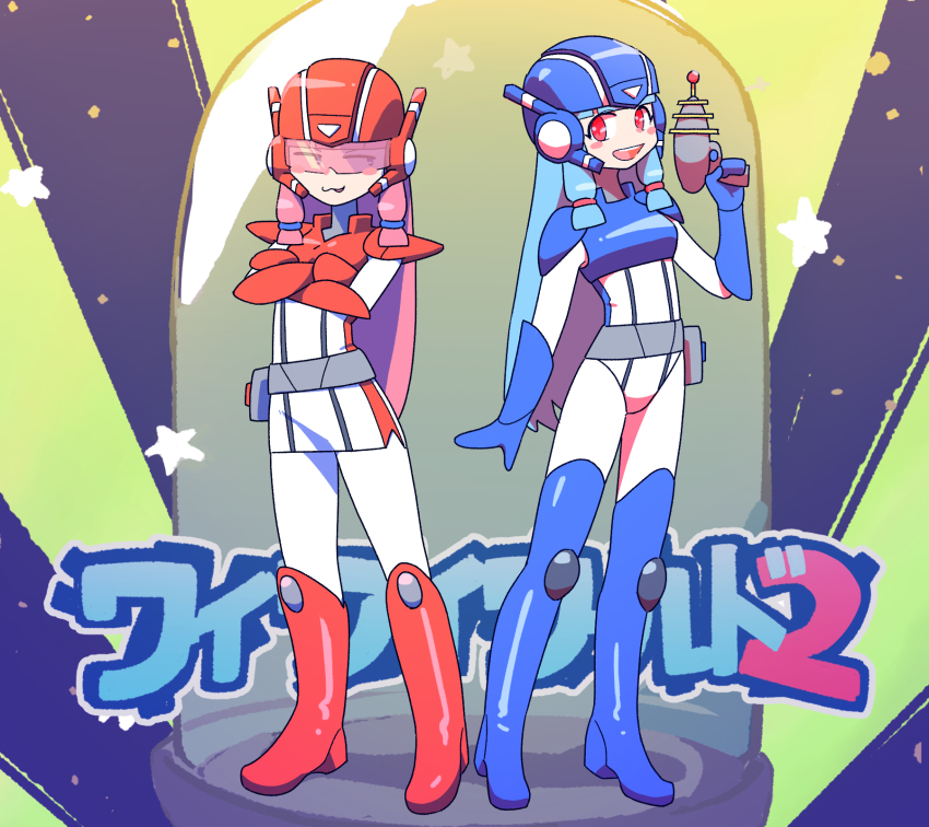 2girls :3 assault_visor belt blue_boots blue_gloves blue_hair bodysuit boots commentary_request crossed_arms full_body gauntlets gloves grey_belt helmet highres konami_wai_wai_world kotonoha_akane kotonoha_aoi long_hair looking_at_viewer looking_to_the_side multiple_girls open_mouth pants purple_background red_boots red_eyes shirt shoulder_pads siblings sidelocks sisters smile standing star_(symbol) thigh_boots ukiwagirl voiceroid white_bodysuit white_pants white_shirt