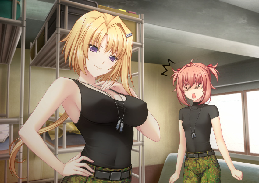 2girls bed black_shirt black_tank_top breasts bunk_bed camouflage camouflage_pants clenched_hands covered_erect_nipples dog_tags ellen_aice flat_chest game_cg hair_intakes highres large_breasts looking_at_viewer low_ponytail miono_shizuku multiple_girls muv-luv muv-luv_alternative muv-luv_unlimited:_the_day_after official_art open_mouth pants pink_hair ponytail purple_eyes sayori_(neko_works) shaded_face shirt shirt_tucked_in small_breasts smile surprised tank_top two_side_up white_eyes