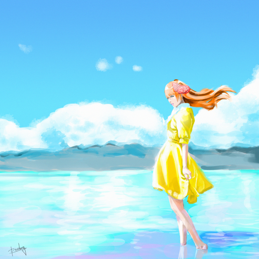 1girl absurdres alternate_eye_color arm_at_side artist_name barefoot blue_eyes blue_sky bow cloud day dress female_focus gekkan_shoujo_nozaki-kun hair_bow highres long_hair aged_up outdoors sakura_chiyo sergey_orlov signature skirt_hold sky solo water yellow_dress
