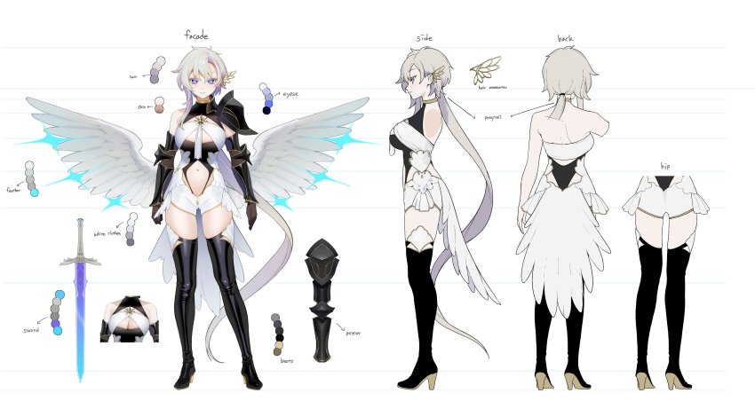 1girl absurdres angel_wings armor back backless_outfit bare_shoulders blue_eyes boots breasts reference_sheet clothing_cutout color_guide commentary elbow_gloves english_commentary full_body gloves gluteal_fold grey_hair hair_between_eyes high_heel_boots high_heels highres liora_walkyria long_hair looking_at_viewer low_wings multiple_views navel official_art ohisashiburi shoulder_armor simple_background smile standing stomach_cutout sword thigh_boots thighhighs v&amp;u_entertainment very_long_hair virtual_youtuber weapon white_background wings