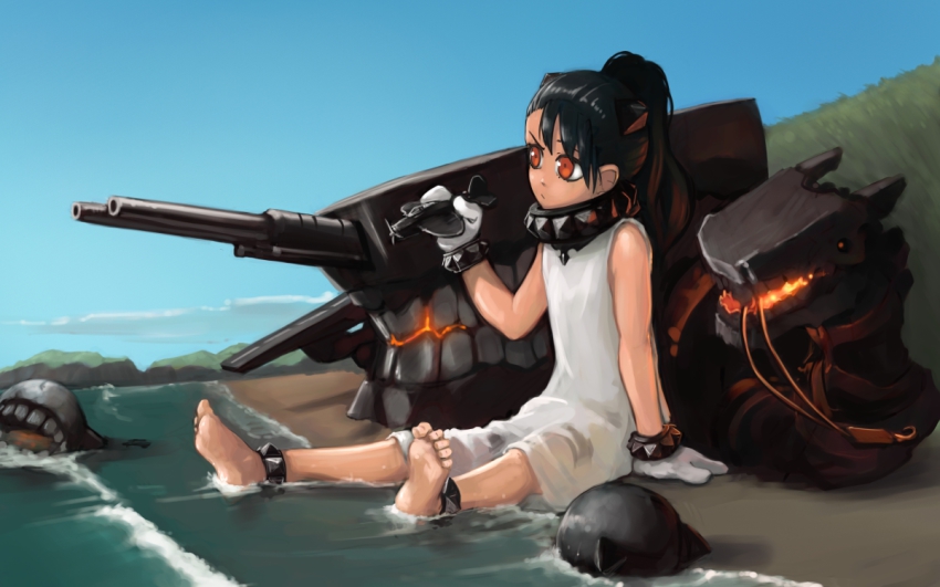 1girl anklet barefoot cosplay drawfag dress feet female_focus jewelry kantai_collection northern_ocean_hime_(cosplay) northern_ocean_princess original sitting soaking_feet soles solo teeth toe_scrunch toes water