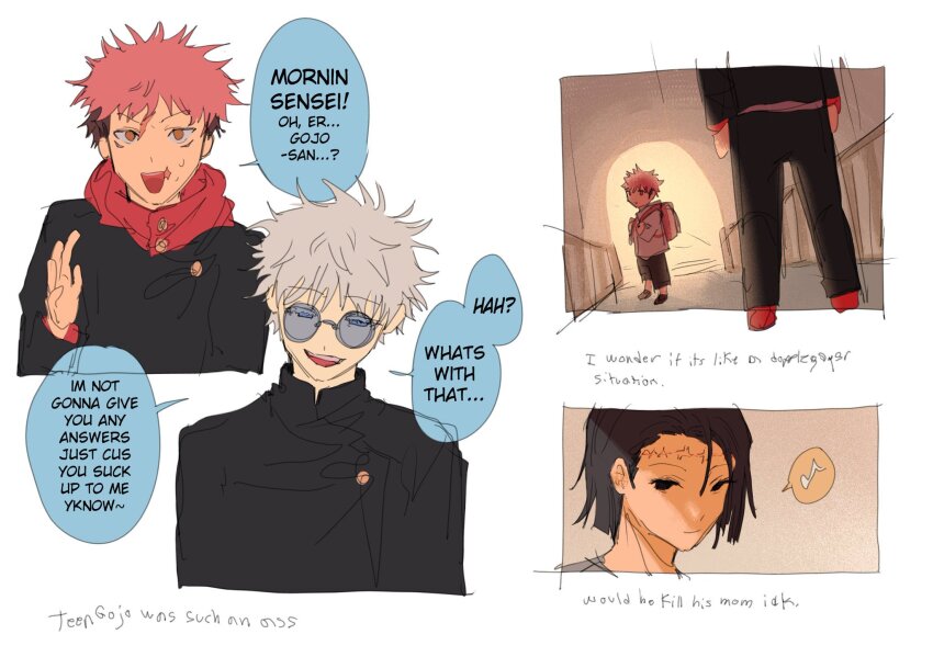 2boys commentary english_commentary english_text gojou_satoru highres itadori_kaori itadori_yuuji jujutsu_kaisen jujutsu_tech_uniform kenjaku multiple_boys speech_bubble tai90mail