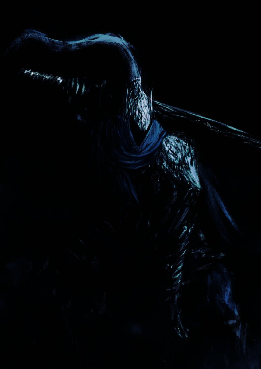 1boy absurdres armor artorias_the_abysswalker black_background blue_scarf commentary crain1art dark_souls_(series) dark_souls_i full_armor helmet highres holding holding_sword holding_weapon knight male_focus scarf solo sword weapon