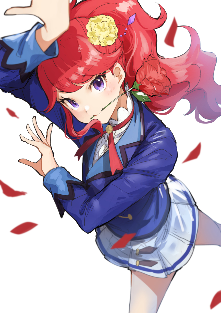 1girl aikatsu! aikatsu!_(series) blue_jacket blush commentary_request dancing female_focus flower flower_in_mouth from_above hair_flower hair_ornament highres jacket koruse kurebayashi_juri long_hair long_sleeves looking_at_viewer neck_ribbon petals pleated_skirt purple_eyes red_flower red_hair red_ribbon red_rose ribbon rose school_uniform shirt simple_background single_stripe skirt solo starlight_academy_school_uniform white_background white_shirt white_skirt yellow_flower