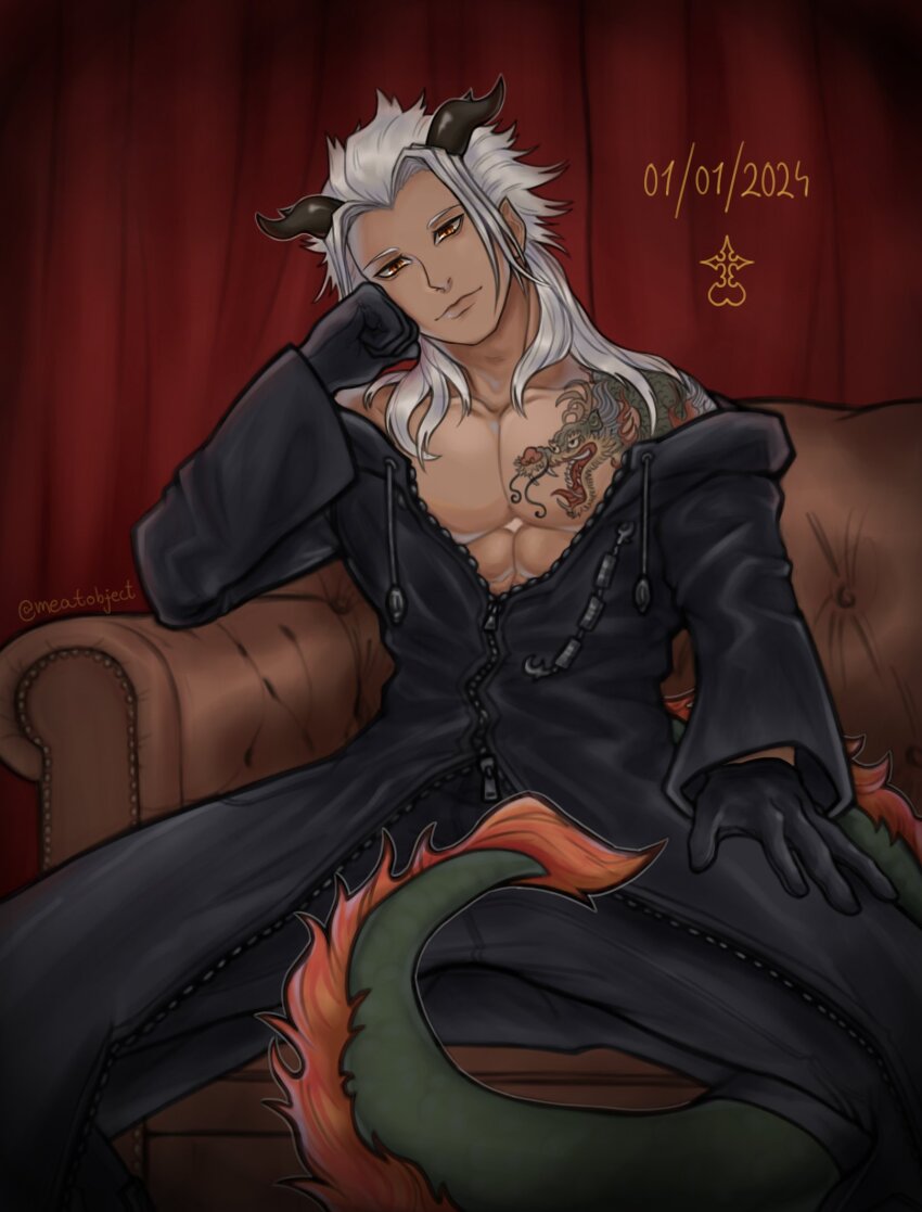 1boy black_coat_(kingdom_hearts) black_gloves commentary curtains dark-skinned_male dark_skin dated dragon_horns dragon_tail dragon_tattoo english_commentary gloves grey_hair highres horns kemonomimi_mode kingdom_hearts long_hair male_focus meatobject on_chair orange_eyes parted_bangs pointy_ears sitting spread_legs tail tattoo xemnas