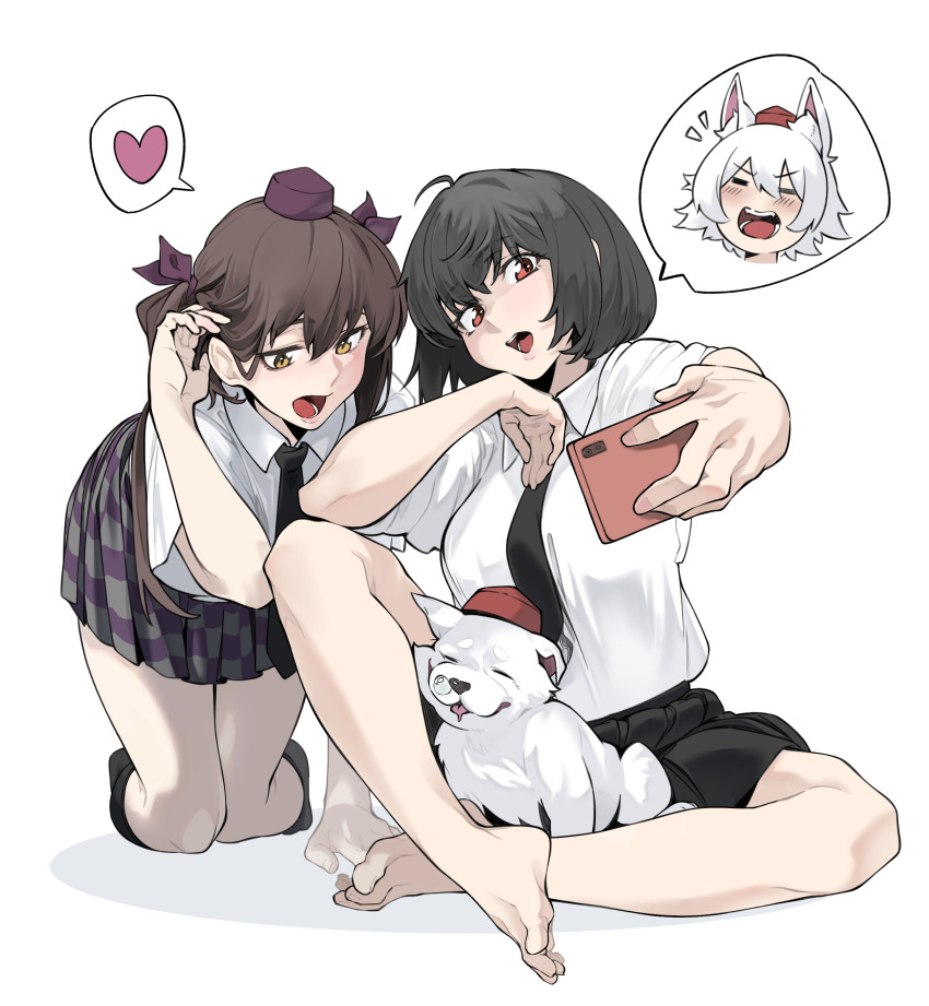 3girls absurdres black_hair brown_eyes brown_hair dog hat highres himekaidou_hatate holding holding_phone inubashiri_momiji multiple_girls phone red_eyes shameimaru_aya shirt shot_(shot0598) tokin_hat touhou white_shirt
