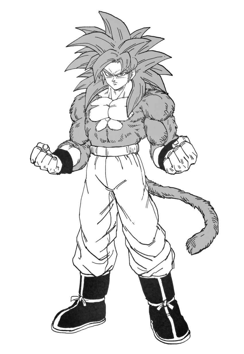 1boy body_fur boots clenched_hands closed_mouth dragon_ball dragon_ball_daima full_body greyscale highres kouji08250 long_hair male_focus monkey_tail monochrome muscular muscular_male pants simple_background solo son_goku spiked_hair super_saiyan super_saiyan_4 tail topless_male white_background