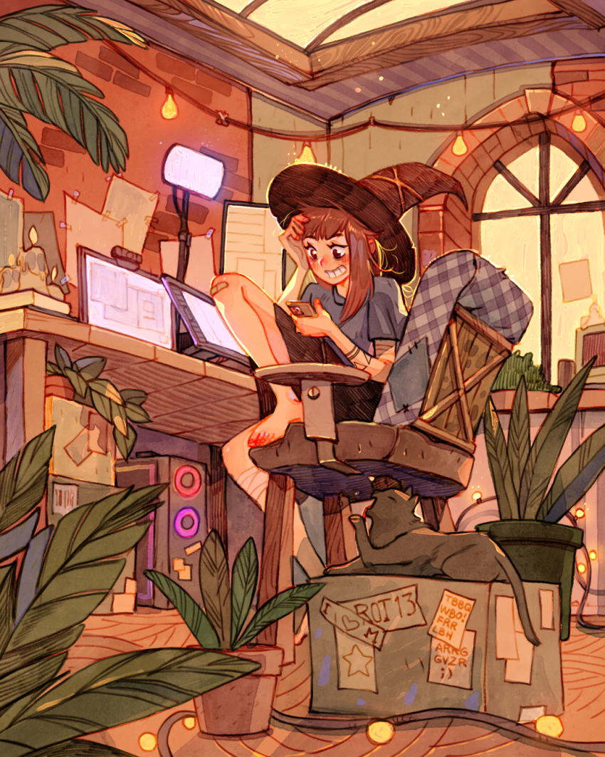 1girl arm_tattoo bandaged_leg bandages bandaid bandaid_on_knee bandaid_on_leg barefoot black_hat black_shorts blush box brown_hair candle cellphone chair commentary computer computer_tower day desk desk_lamp drawing_tablet feet_on_chair full_body grey_cat grey_shirt grin hand_on_own_head hat highres holding holding_phone indoors knee_up lamp looking_at_phone medium_hair monitor multiple_monitors office_chair on_chair original parquet_floor phone plant potted_plant shirt shorts simz sitting_sideways sky skylight smartphone smile solo string_of_light_bulbs sunlight swivel_chair tattoo webcam window witch_hat yellow_sky