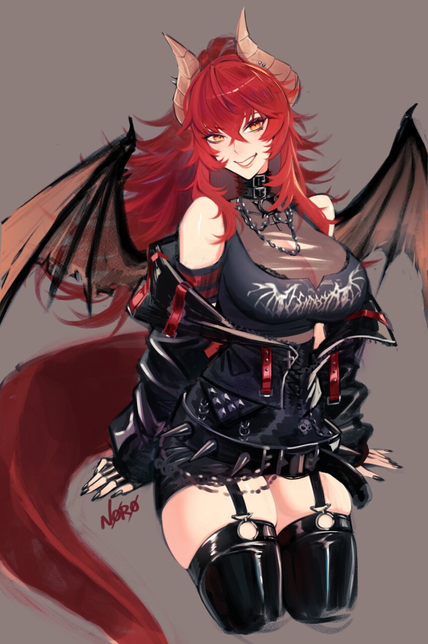 1girl belt_collar black_collar black_jacket black_nails black_shirt black_thighhighs breasts cleavage collar dragon_girl dragon_horns dragon_tail highres horns jacket large_breasts long_hair looking_at_viewer n0r0 nail_polish ponytail shirt smile tail thighhighs virtual_youtuber vshojo yellow_eyes zentreya zentreya_(dragon) zentreya_(dragon)_(metalheads) zentreya_(dragon)_(metalheads)