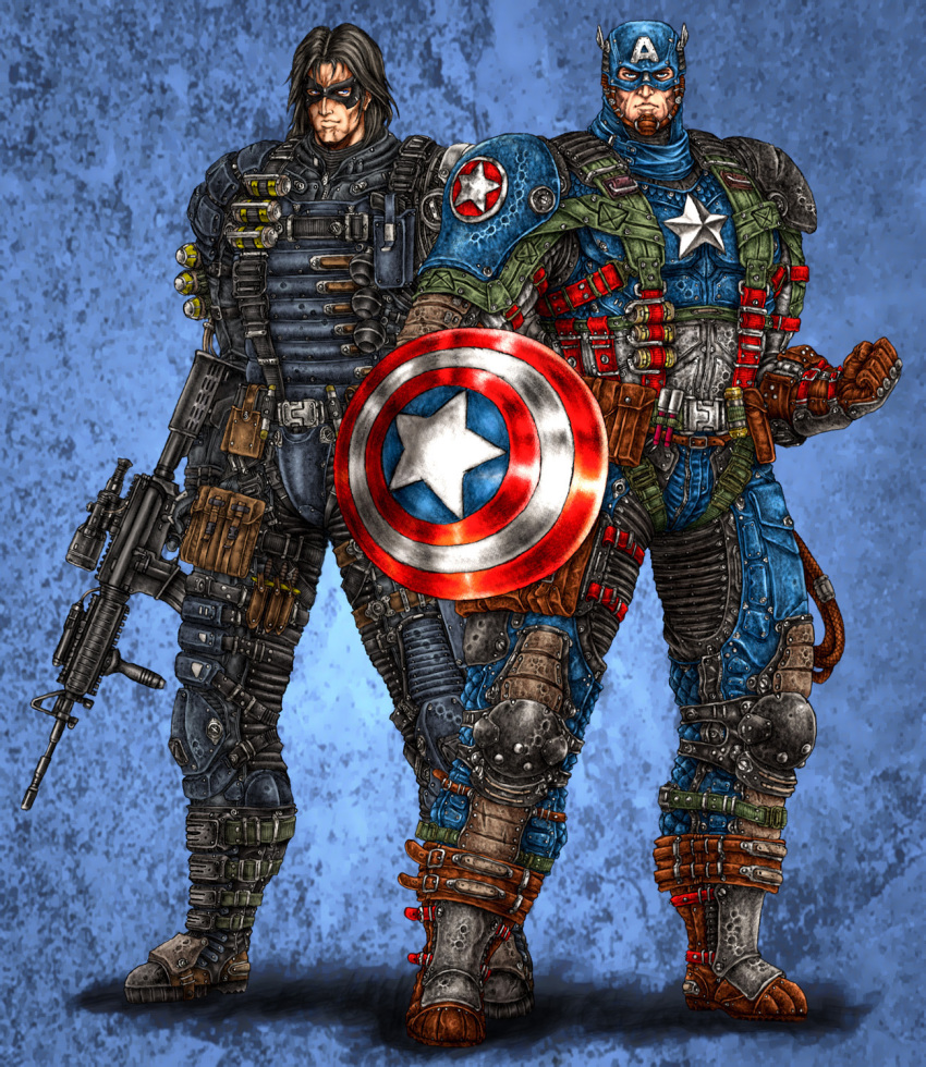 2boys assault_rifle blue_background bucky byakuren_(midwood) captain_america combat_webbing explosive grenade gun helmet highres bucky_barnes m4_carbine male_focus manly marvel mask multiple_boys rifle scope shield standing vertical_forward_grip weapon winged_helmet winter_soldier