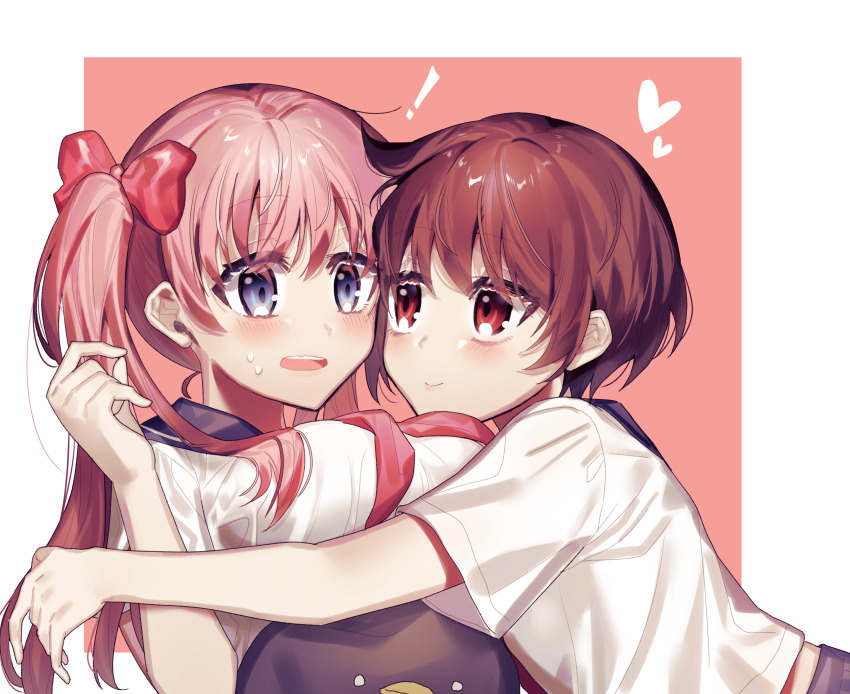 ! 2girls absurdres blue_eyes blush bow breasts brown_hair commentary_request etopen hair_bow haramura_nodoka heart highres hug ichimonjikun2 kiyosumi_school_uniform large_breasts long_hair miyanaga_saki multiple_girls open_mouth pink_hair red_eyes ribbon saki_(manga) school_uniform serafuku short_hair simple_background smile stuffed_animal stuffed_penguin stuffed_toy sweatdrop twintails yuri