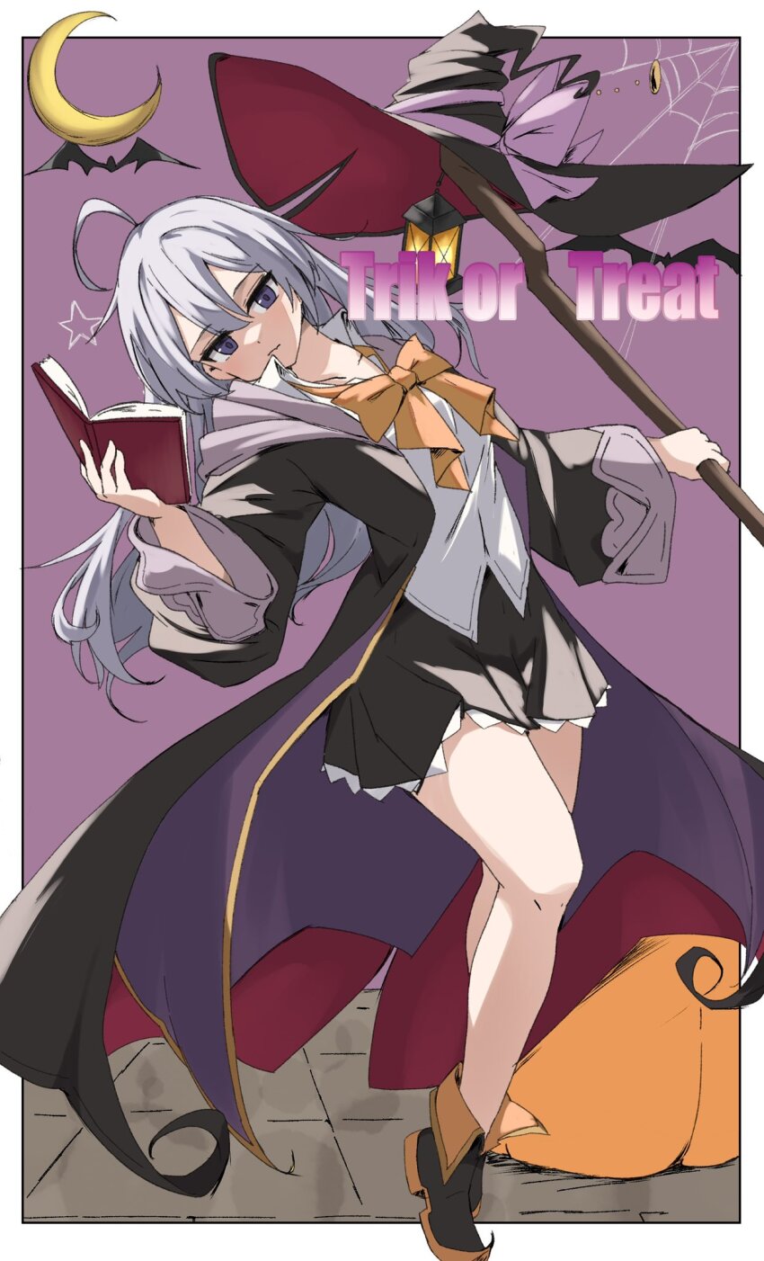 1girl black_coat black_shoes black_skirt book coat crescent_moon elaina_(majo_no_tabitabi) halloween hat highres holding holding_book looking_at_viewer majo_no_tabitabi moon neckerchief open_book open_clothes open_coat orange_neckerchief oyu_(umyu13137) shirt shoes skirt solo staff unworn_hat unworn_headwear white_shirt witch_hat