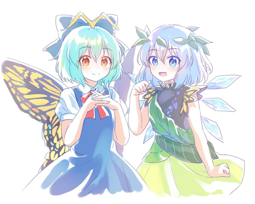 2girls antennae aqua_hair blue_bow blue_dress blue_eyes blue_hair blush bow butterfly_wings cirno cirno_(cosplay) closed_mouth collared_shirt cosplay costume_switch detached_wings dress eternity_larva eternity_larva_(cosplay) fairy green_dress hair_between_eyes hair_bow highres ice ice_wings insect_wings kaoling leaf leaf_on_head multicolored_dress multiple_girls open_mouth orange_eyes shirt short_hair short_sleeves simple_background smile touhou white_background white_shirt wings