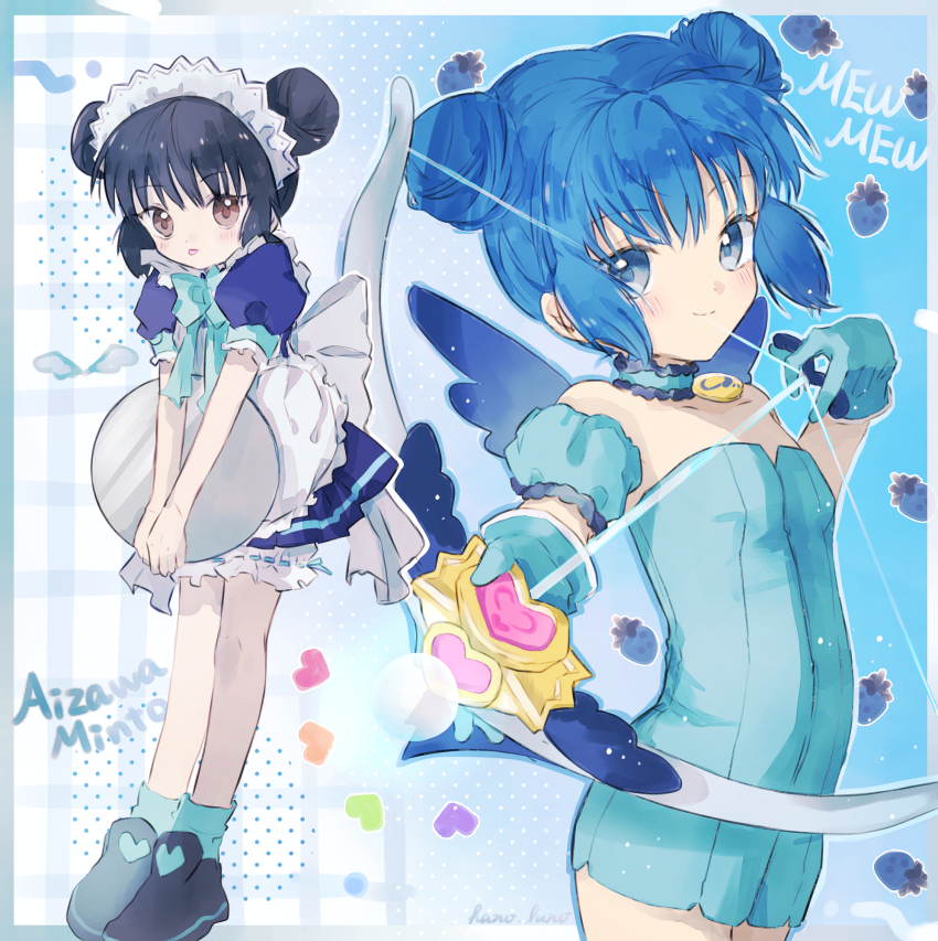 1girl aizawa_mint apron arrow_(projectile) berry blue_eyes blue_hair bow bow_(weapon) bowtie brown_eyes cafe_mew_mew_uniform character_name choker detached_sleeves double_bun drawing_bow dress flat_chest frilled_thigh_strap full_body gloves hair_bun hano_luno heart highres holding holding_bow_(weapon) holding_tray holding_weapon magical_girl maid maid_headdress mew_mint multiple_views short_dress short_sleeves smile socks strapless strapless_dress thigh_strap tokyo_mew_mew tongue tongue_out tray waitress weapon wings