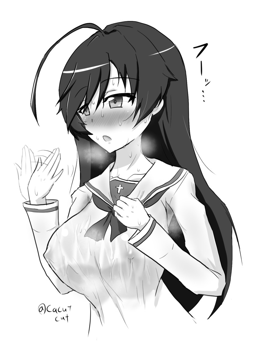 1girl ahoge blush breasts covered_erect_nipples cube_(huidama) fanning_self girls_und_panzer highres hot isuzu_hana large_breasts long_hair monochrome ooarai_school_uniform open_mouth shirt solo sweat wet wet_clothes wet_shirt