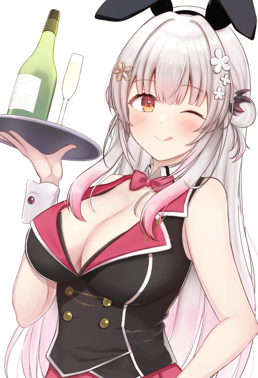 1girl :q absurdres animal_ear_hairband animal_ears bare_arms bare_shoulders black_hairband black_vest blush breasts bunny_garden buttons champagne_bottle champagne_flute choppy_bangs cleavage commentary_request cup daysss detached_collar double_bun drinking_glass fake_animal_ears flower gradient_hair grey_hair hair_bun hair_flower hair_ornament hairband hairclip highres holding holding_tray indie_virtual_youtuber lapels large_breasts long_hair looking_at_viewer multicolored_hair notched_lapels pink_background pleated_skirt rabbit_ear_hairband rabbit_ears red_skirt side_up_bun sidelocks simple_background skirt solo suou_patra tongue tongue_out tray very_long_hair vest virtual_youtuber white_background