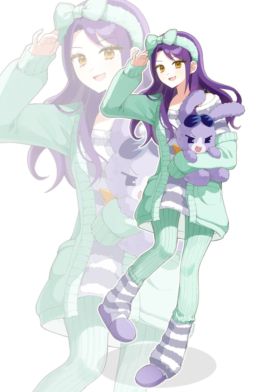 1girl :d cardigan commentary_request full_body green_cardigan green_hairband green_pants gyeol_(gyeol_1231) hair_down hairband hand_up highres holding holding_stuffed_toy korean_commentary leg_warmers long_hair long_sleeves looking_at_viewer open_mouth outline pajamas pants pretty_series pripara purple_hair purple_slippers slippers smile solo standing standing_on_one_leg striped_clothes striped_sweater stuffed_animal stuffed_rabbit stuffed_toy sweater toudou_shion usagi_(pripara) white_outline yellow_eyes zoom_layer