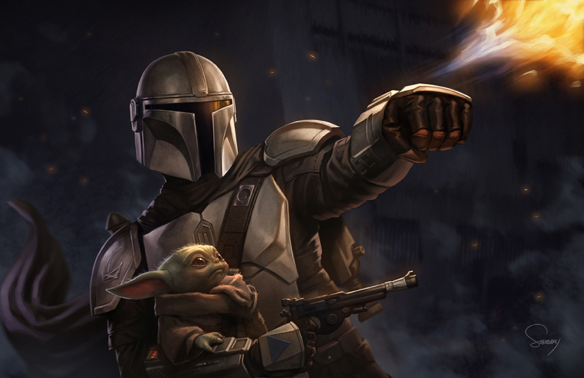 2boys alien armor colored_skin fire green_skin grogu gun handgun holding holding_gun holding_weapon male_focus mandalorian mandalorian_armor mandalorian_helmet multiple_boys pointy_ears sam_delatore signature star_wars the_mandalorian upper_body weapon yoda