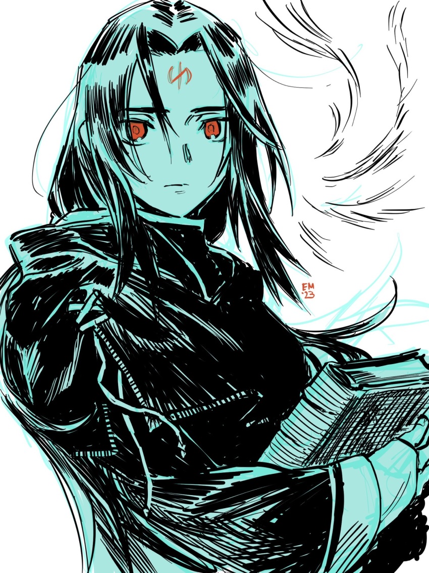 1boy book closed_mouth commentary elaine_murphy facial_mark fire_emblem fire_emblem:_path_of_radiance forehead_mark highres holding holding_book long_hair looking_at_viewer male_focus nintendo red_eyes solo soren_(fire_emblem) upper_body