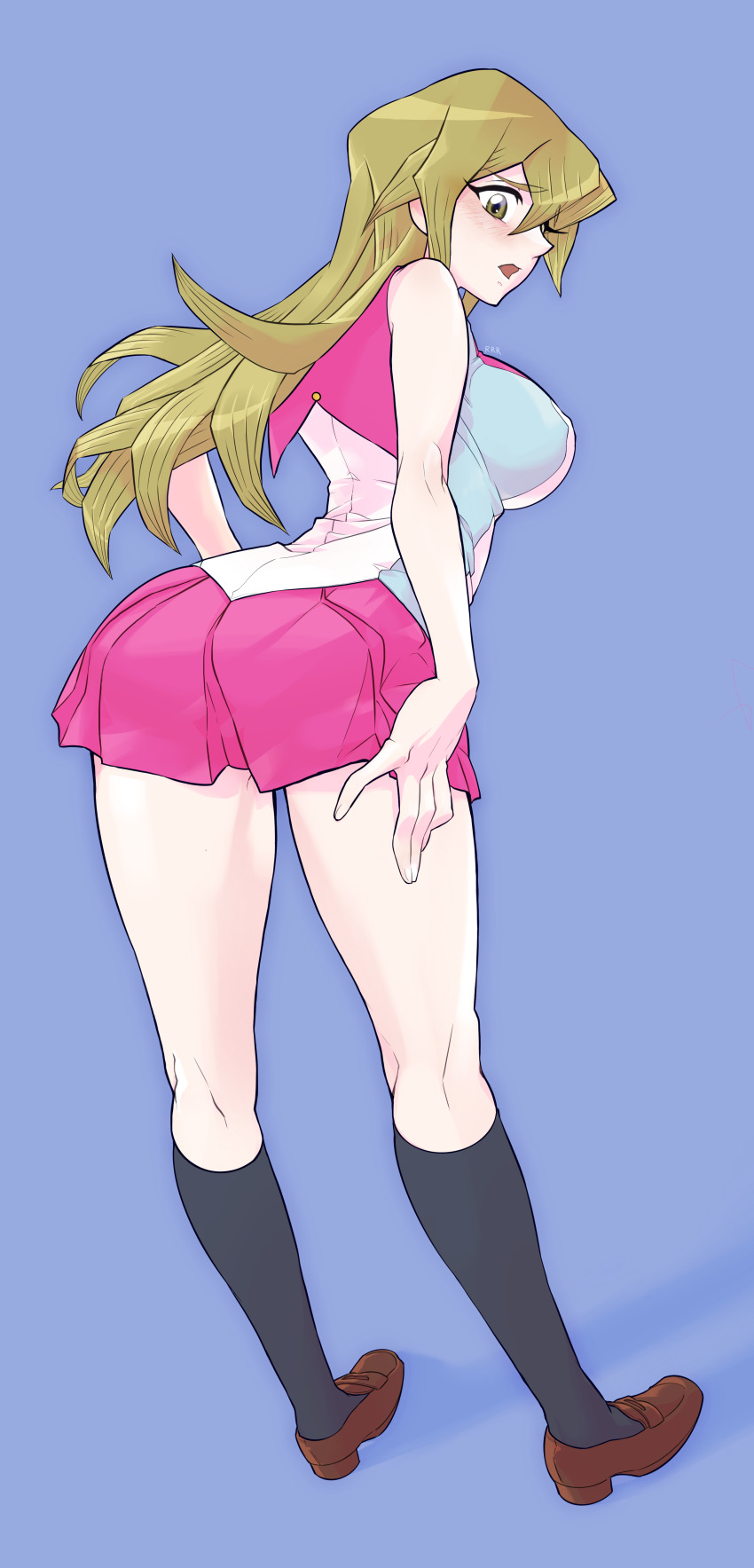 1girl absurdres artist_request ass ass_focus atenah bare_legs blonde_hair blouse blue_background blush breasts brown_eyes cosplay embarrassed full_body highres kneehighs kneepits large_breasts long_hair looking_back miniskirt mizuki_kotori_(yu-gi-oh!)_(cosplay) open_mouth shiny_skin shirt shoes simple_background skirt sleeveless sleeveless_shirt socks solo tenjouin_asuka yu-gi-oh! yu-gi-oh!_gx yuu-gi-ou yuu-gi-ou_zexal