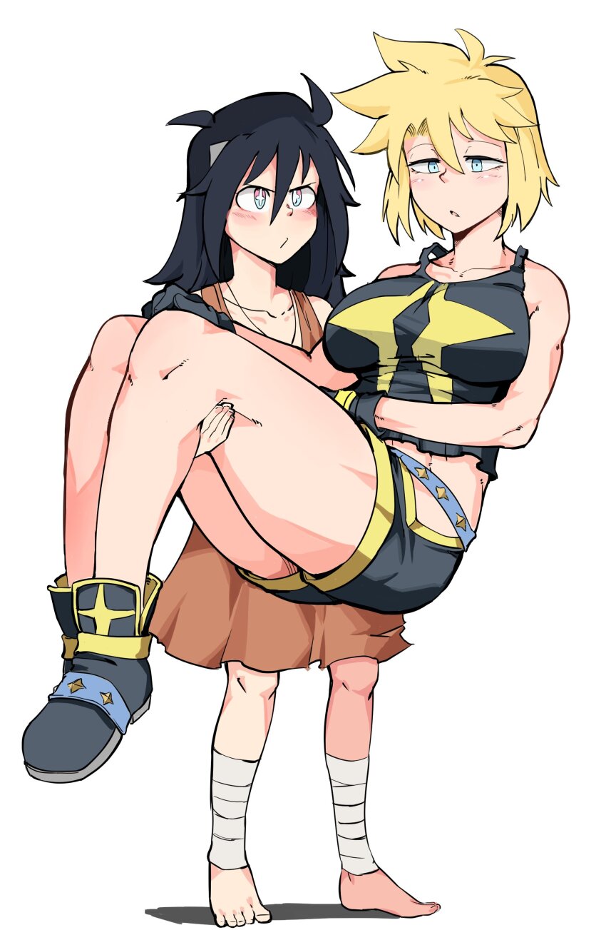 2girls absurdres antares_topaz bandaged_ankle bandaged_arm bandages bare_shoulders barefoot belt belt_buckle black_gloves black_hair black_tank_top blonde_hair blue_belt blue_eyes blush boots breasts buckle child collarbone commentary confused cygni_boreas_lluminal english_commentary feet gloves highres hip_vent jewelry large_breasts lifting_person long_bangs long_hair long_neck looking_at_another medium_hair messy_hair mother_and_daughter multicolored_eyes multiple_girls narrowed_eyes necklace pink_eyes pout side_ahoge sparkling_eyes star_linker strong tank_top thick_thighs thighs toenails toned toned_female topaz_(antares_topaz) two-tone_eyes white_background