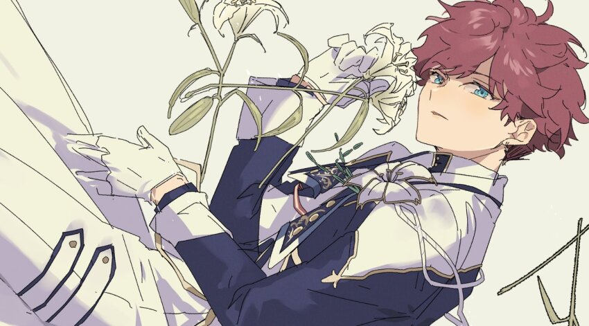 1boy amagi_hiiro blue_eyes blue_jacket buttons collared_jacket double-breasted dutch_angle ensemble_stars! feet_out_of_frame flower gloves holding holding_flower jacket legs_up lily_(flower) long_sleeves looking_at_viewer male_focus messy_hair official_alternate_costume or_i pants parted_lips red_hair short_hair simple_background solo undercut white_background white_flower white_gloves white_jacket white_pants