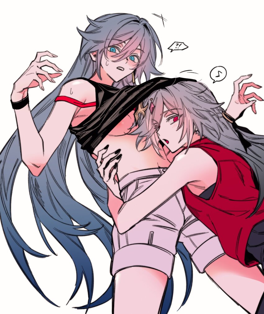 !? 2girls black_nails black_shirt blue_eyes bra breasts commentary_request fu_hua gem_hair_ornament grey_hair herrscher_of_sentience highres honkai_(series) honkai_impact_3rd jacket long_hair multiple_girls musical_note navel nipple_slip nipples red_bra red_eyes red_jacket shirt shorts simple_background small_breasts spoken_musical_note stomach tthhdddd underwear very_long_hair white_background white_shorts yuri