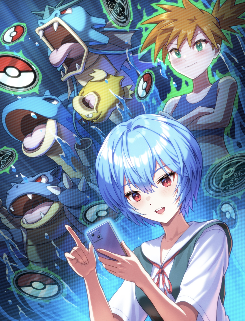 2girls :d absurdres aura ayanami_rei bare_shoulders bikini blastoise blue_bikini blue_hair blue_skirt blush bow bowtie breasts caidychen&#039;s_green-eyed_girl cellphone coin collared_shirt commentary copyright_name crossed_arms dress_shirt eyelashes gen_1_pokemon green_aura grey_shorts grey_sports_bra gyarados hair_between_eyes happy highres holding holding_phone index_finger_raised lapras light_blush looking_at_object looking_at_phone medium_breasts midriff misty_(pokemon) multiple_girls neck_ribbon neon_genesis_evangelion nintendo open_mouth orange_hair phone playing_games pointing pointing_up pokemon pokemon_(creature) pokemon_frlg pokemon_tcg pokemon_tcg_pocket psyduck red_bow red_bowtie red_eyes red_ribbon ribbon round_teeth scanlines school_uniform shirt short_hair short_sleeves shorts side_ponytail skirt smartphone smile sports_bra suspender_skirt suspenders swimsuit teeth tokyo-3_middle_school_uniform upper_body v-shaped_eyebrows white_shirt yahha