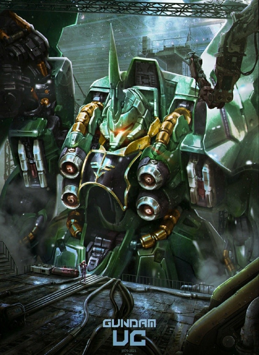 artist_request beam_cannon cable emblem garancieres gundam gundam_unicorn hangar highres hose kshatriya machinery mecha mecha_focus mobile_suit neo_zeon no_humans one-eyed realistic robot roundel science_fiction spacecraft_interior title