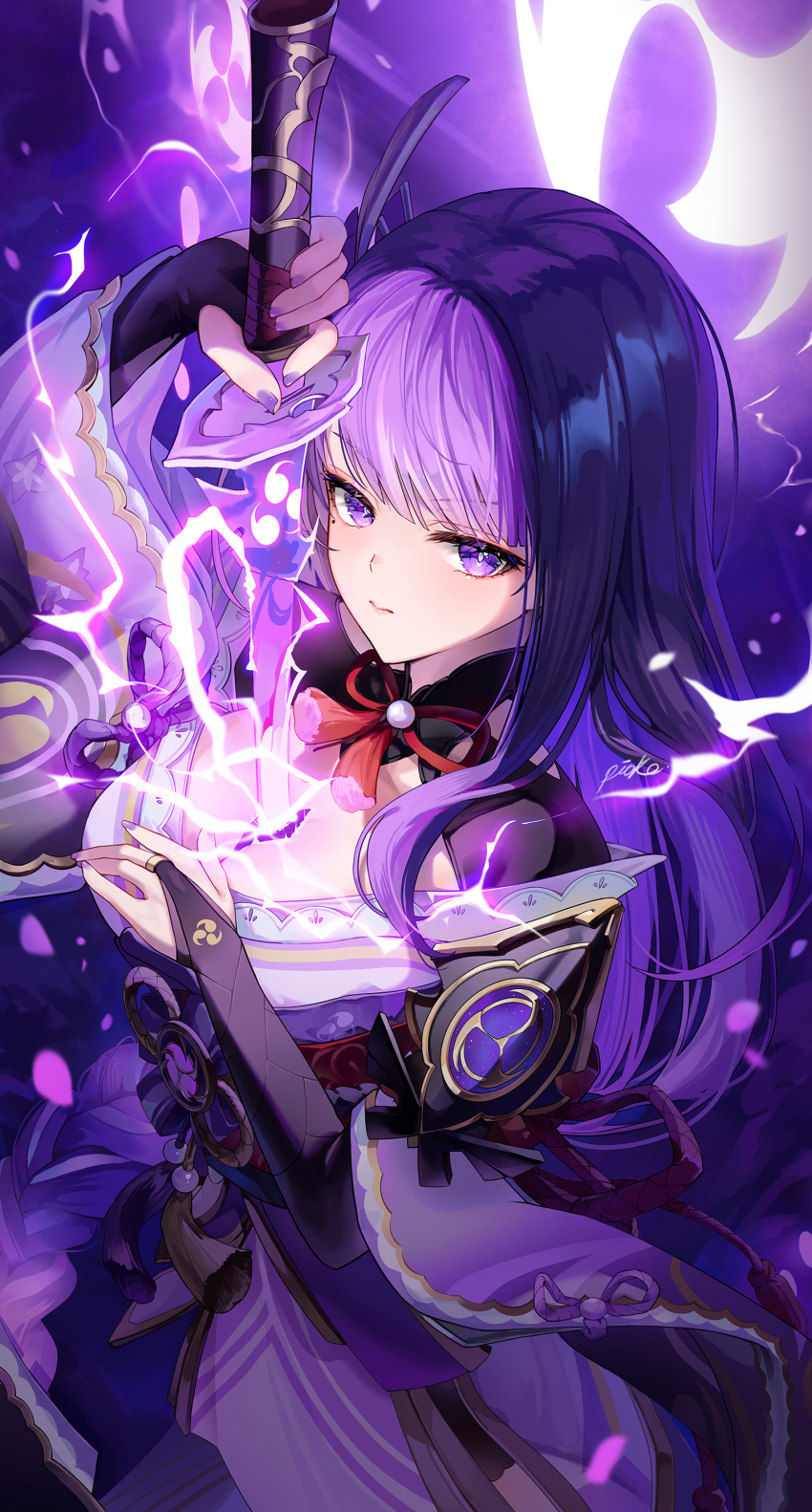1girl absurdres black_bridal_gauntlets breasts bridal_gauntlets closed_mouth genshin_impact highres holding holding_sword holding_weapon human_scabbard japanese_clothes kimono large_breasts long_hair long_sleeves looking_at_viewer mole mole_under_eye obi pioko purple_eyes purple_hair purple_kimono purple_nails raiden_shogun sash signature solo sword weapon wide_sleeves