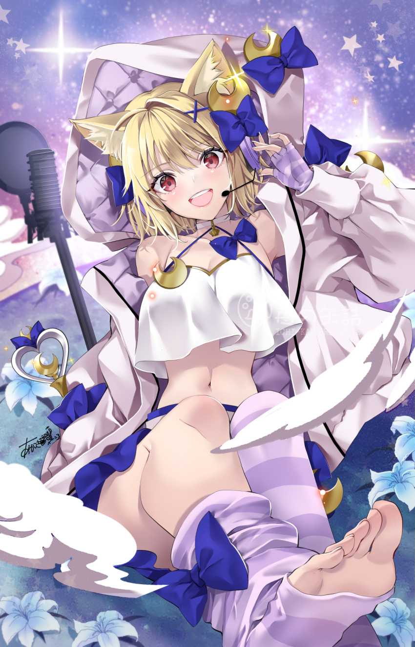 1girl akatsuki_hijiri animal_ear_fluff animal_ears arcueid_brunestud blonde_hair blue_skirt blush bow breasts camisole cat_ears choker cleavage crescent crescent_hair_ornament crop_top crop_top_overhang fate/grand_order fate_(series) feet fingerless_gloves gloves hair_ornament headphones headset highres hood hooded_jacket jacket large_breasts long_sleeves looking_at_viewer microphone miniskirt open_mouth phantas-moon phantas-moon_(second_ascension) purple_gloves purple_thighhighs red_eyes short_hair skirt smile solo striped_clothes striped_gloves striped_thighhighs thighhighs wand white_camisole white_jacket