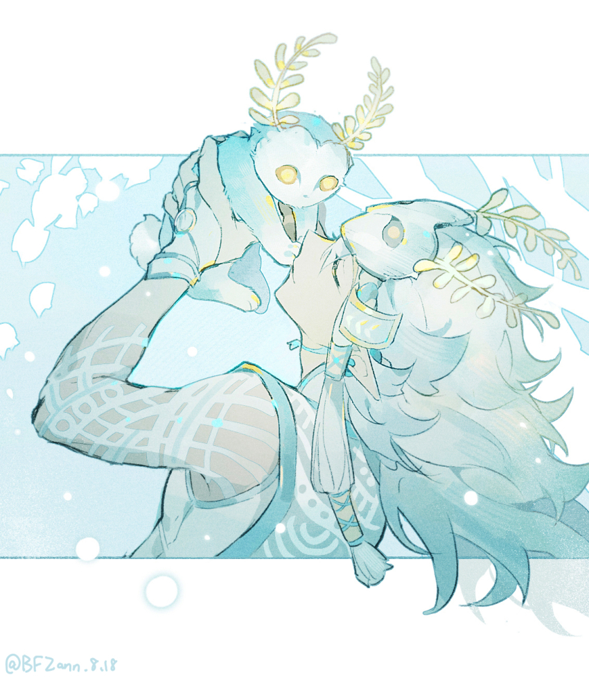 1boy an_(bfzann) blue_fur blupee creature earrings highres holding holding_creature jewelry link mask mask_on_head mystic_set_(zelda) nintendo official_alternate_costume pointy_ears sleeveless the_legend_of_zelda the_legend_of_zelda:_tears_of_the_kingdom white_hair wig yellow_eyes