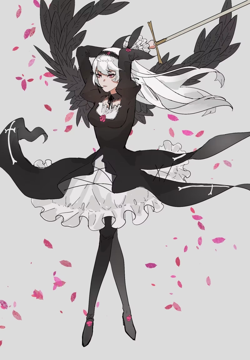 1girl black_dress dress falling_petals feathers full_body grey_background hairband highres long_hair long_sleeves looking_to_the_side petals purple_eyes rozen_maiden solo suigintou unsheathed white_hair yinggu