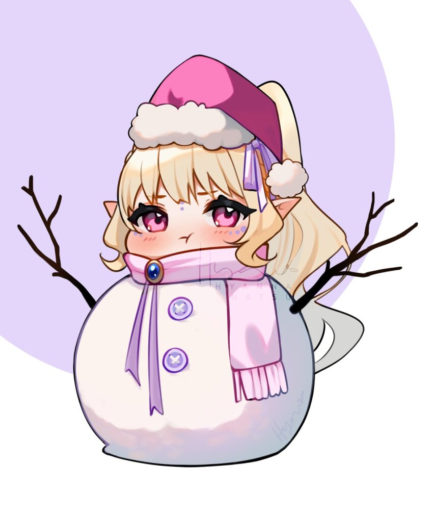 1girl :t artist_name blonde_hair blue_brooch blush chibi circle closed_mouth commentary english_commentary eyelashes facepaint fringe_trim fur-trimmed_headwear fur_trim furrowed_brow hat high_side_ponytail highres hyanna-natsu long_hair neck_ribbon original pink_eyes pink_hat pink_scarf pointy_ears pom_pom_(clothes) pout purple_background purple_ribbon ribbon santa_hat scarf snowman solo two-tone_background very_long_hair watermark wavy_hair white_background ych_commission