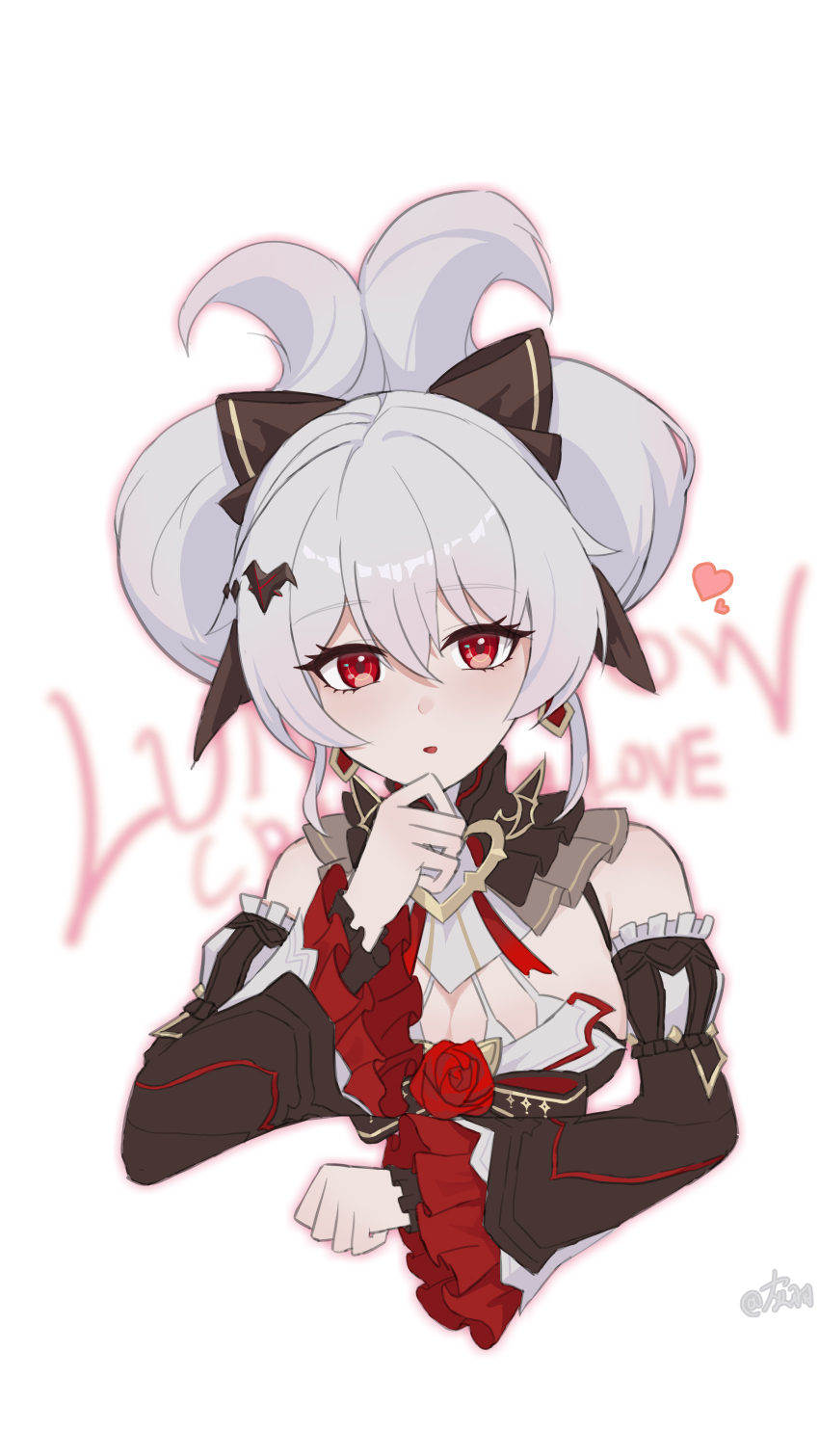 1girl absurdres alternate_hairstyle bare_shoulders black_bow black_collar black_sleeves bow breasts character_name chinese_commentary cleavage collar commentary_request cropped_torso detached_sleeves earrings floating_hair flower grey_hair hair_between_eyes hair_bow hand_up heart highres honkai_(series) honkai_impact_3rd hui_yu_yu_yu_ye jewelry large_breasts light_blush long_hair looking_at_viewer parted_lips red_eyes red_flower red_rose rose simple_background solo theresa_apocalypse theresa_apocalypse_(luna_kindred) theresa_apocalypse_(lunar_vow:_crimson_love) white_background
