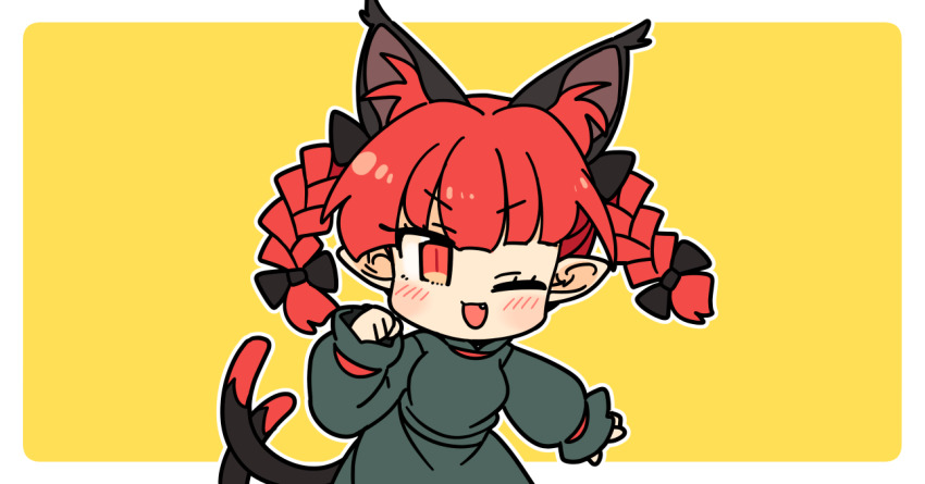 1girl ;d animal_ear_fluff animal_ears black_bow blunt_bangs blush border bow braid cat_ears cat_girl cat_tail chibi chibi_only commentary dress fang green_dress hair_bow hand_up ini_(inunabe00) kaenbyou_rin long_hair long_sleeves looking_at_viewer multiple_tails one_eye_closed open_mouth outline outside_border pointy_ears red_eyes red_hair simple_background smile solo tail touhou twin_braids two_tails upper_body v-shaped_eyebrows white_border white_outline yellow_background