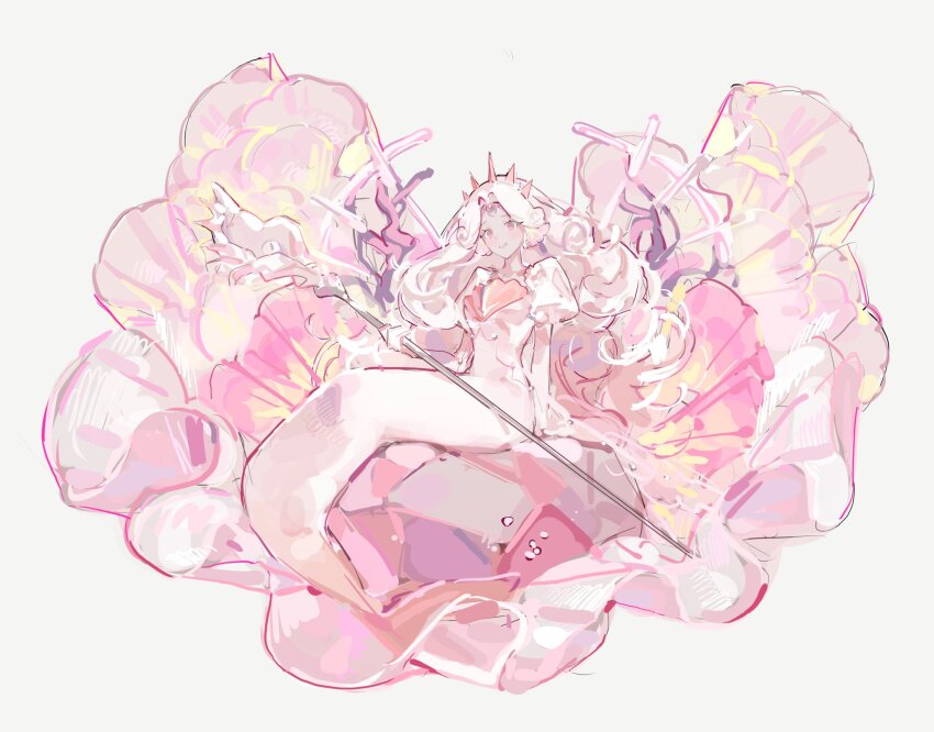 black_pearl_cookie brassard cloud_hair colored_skin cookie_run cookie_run:_kingdom coral_hair_ornament curly_hair dress f4d1a6 fins gem gloved_sleeves gloves head_fins highres humanization jellyfish_girl light_persona long_hair mermaid monster_girl pearl_(gemstone) puffy_sleeves smile tiara white_hair white_pearl_cookie