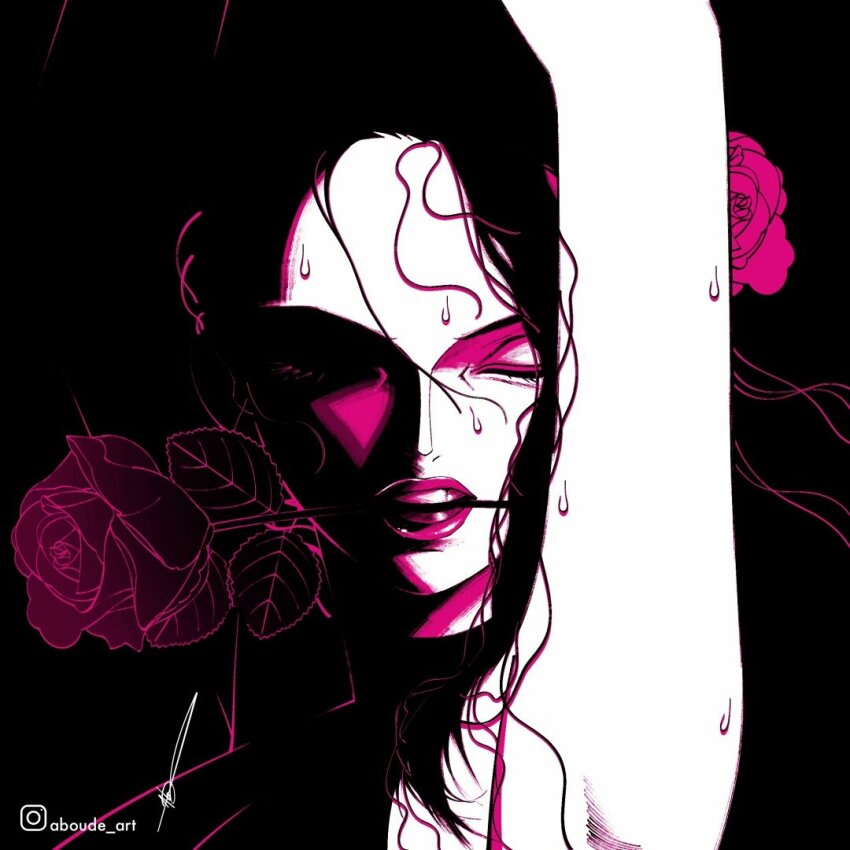 1girl aboude_art arm_up artist_name closed_eyes commentary english_commentary flamenco flamenco_dress flower flower_in_mouth hair_flower hair_ornament instagram_logo instagram_username limited_palette long_hair mouth_hold one_piece open_mouth rose signature solo sweat teeth upper_body viola_(one_piece)
