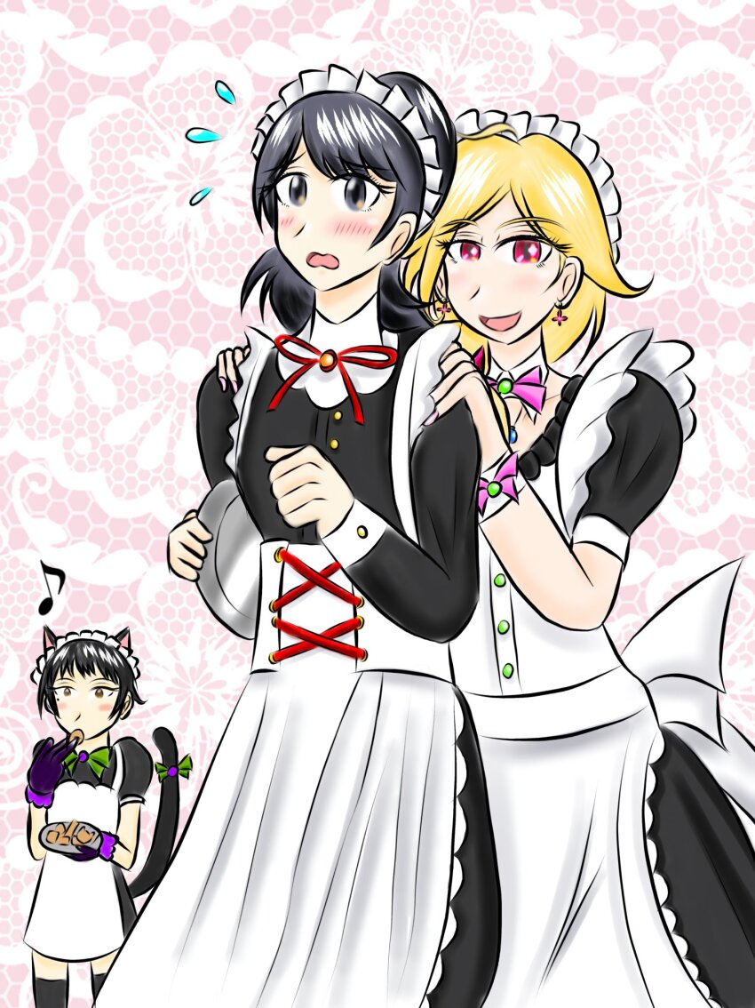 3girls animal_ears cat_ears cat_girl cat_gloves digimon fake_animal_ears gloves highres kimishima_saki maid multiple_girls ribbon shibuya_aoi shinonome_miu tail