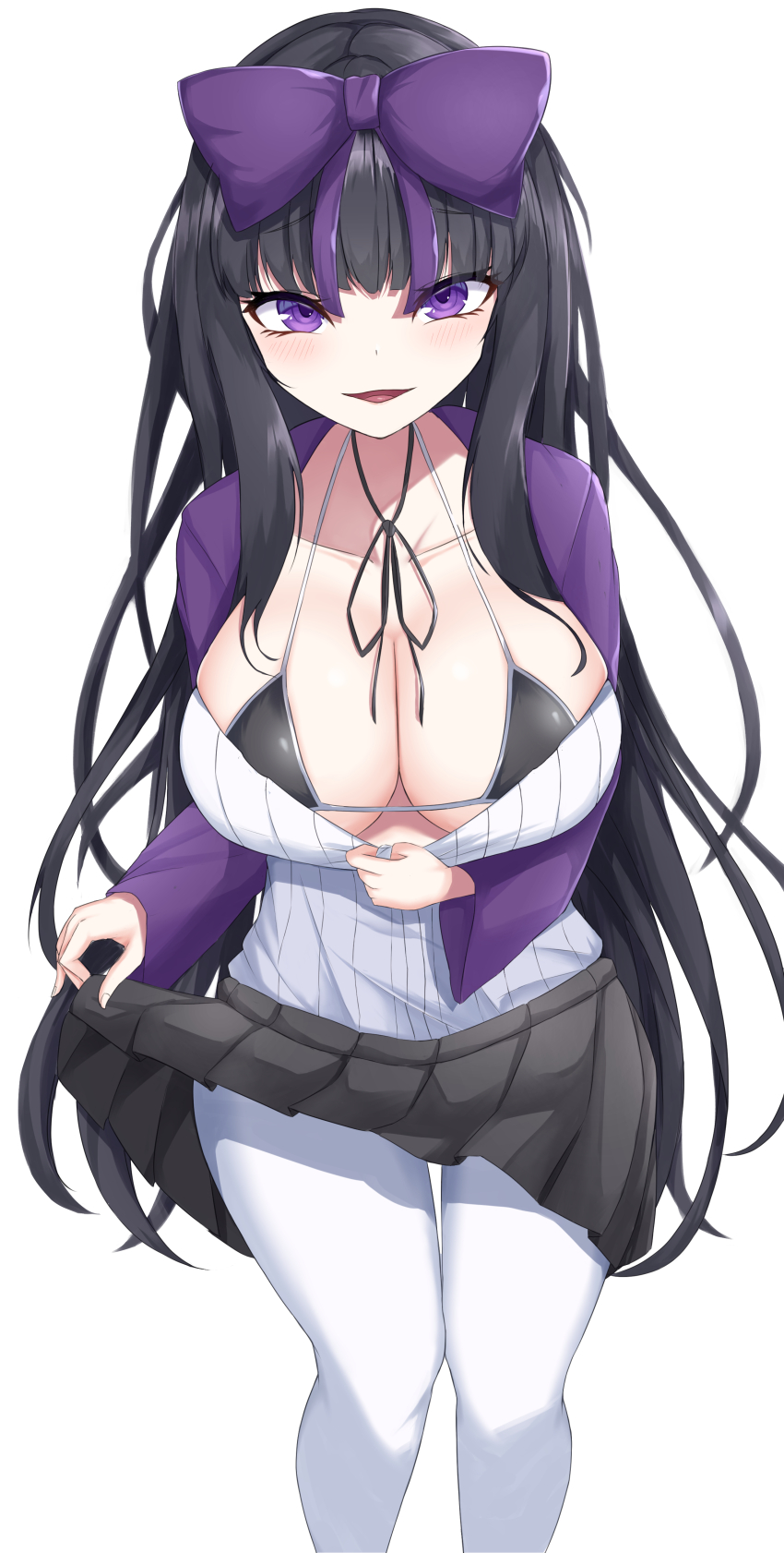 1girl absurdres bikini bikini_under_clothes black_bikini black_hair black_ribbon blunt_bangs blush bow breasts cleavage clothes_pull commentary_request cookie_(touhou) feet_out_of_frame hair_bow highres jacket large_breasts long_hair long_sleeves looking_at_viewer miniskirt neck_ribbon open_clothes open_jacket open_mouth pantyhose pleated_skirt purple_bow purple_eyes purple_jacket ribbon sharen shirt shirt_pull shunga_youkyu simple_background skirt smile solo star_sapphire swimsuit touhou very_long_hair white_background white_pantyhose white_shirt
