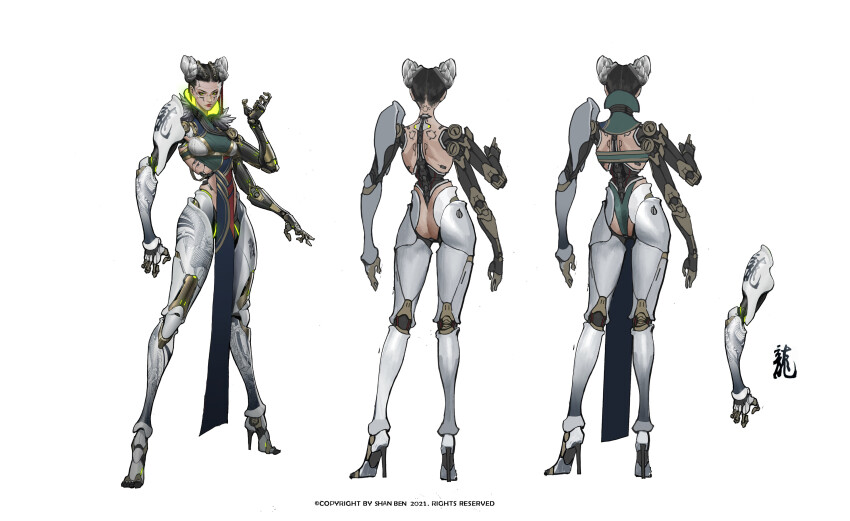 1girl 2021 absurdres armor artificial_eye artist_name ass braid breasts butt_crack chinese_text copyright_notice cyber_fashion cyberpunk cyborg double_bun english_text extra_arms gold_trim hair_bun hair_ornament high_heels highres joints lipstick makeup mechabare mechanical_arms mechanical_boots mechanical_eye mechanical_hands mechanical_legs medium_breasts multiple_views original oversized_limbs robot_joints science_fiction solo stiletto_heels white_armor white_background xhr1997919