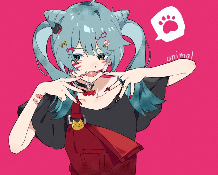 1girl animal_(vocaloid) animal_hair_ornament bandaid bandaid_on_arm black_shirt blue_eyes blue_hair choker commentary cone_hair_bun drooling fake_nails fangs hair_bun hair_ears hatsune_miku heart heart_choker heart_o-ring looking_at_viewer medium_hair multicolored_nails o-ring open_mouth overalls paw_print pink_background pinponpo red_overalls shirt short_sleeves skin_fangs solo speech_bubble spoken_paw_print upper_body vocaloid