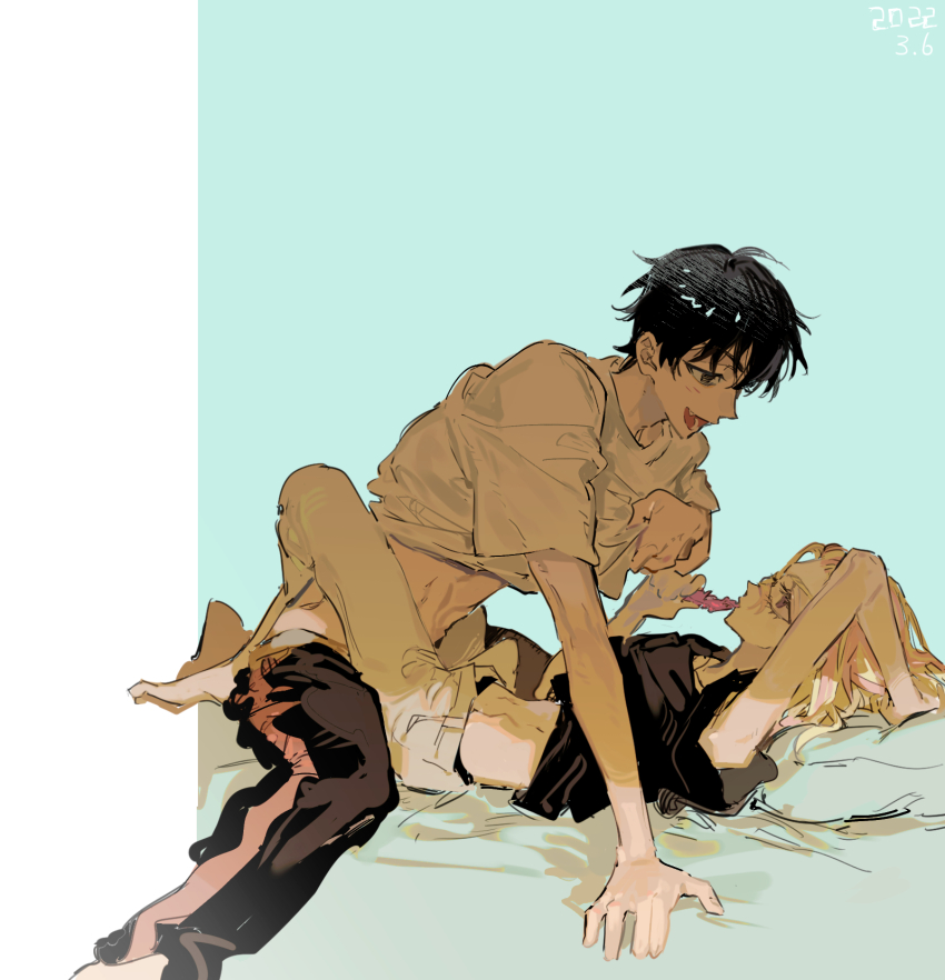 2boys arms_up barefoot bed_sheet black_hair black_shirt blonde_hair blue_background candy clothes_lift clothes_pull food hair_between_eyes highres holding looking_at_another lying multiple_boys on_back on_bed open_mouth pants pillow pink_hair popsicle qyzhiaiyisheng sexually_suggestive shirt shirt_lift short_hair short_sleeves simple_background smile tokyo_revengers tongue tongue_out white_shirt yaoi