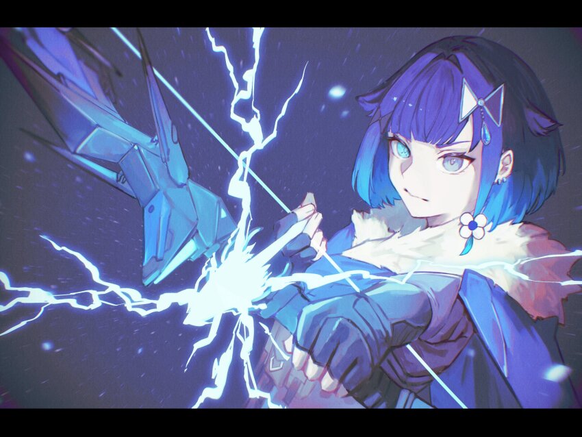 1girl aiming blue_eyes blue_hair bow_(weapon) cloak compound_bow cosplay earrings electricity energy_arrow fingerless_gloves fur-trimmed_cloak fur_trim gloves gradient_hair hair_flaps hair_intakes hair_ornament hairpin heterochromia highres jewelry letterboxed medium_hair multicolored_hair multiple_hairpins parted_lips solo sova_(valorant) sova_(valorant)_(cosplay) tsubu_(kappunioyu562) tsumugi_kokage valorant virtual_youtuber vspo! weapon