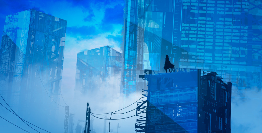1girl absurdres arufa7ray blue_sky blue_theme building cat city cityscape cloud cloudy_sky concept_art day fog from_behind highres long_hair neon_trim original outdoors power_lines scenery silhouette sky skyscraper solo standing utility_pole very_wide_shot wide_shot