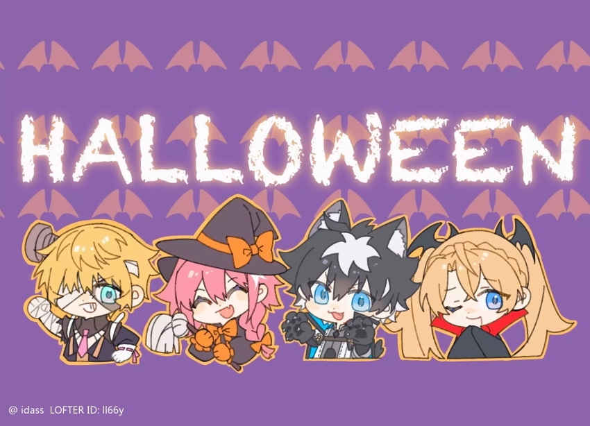 1girl 3boys :3 :d ^_^ animal_ear_fluff animal_ears astolfo_(fate) bandage_over_one_eye bandaged_arm bandaged_hand bandaged_head bandages bat_wings black_dress black_hair black_hat blonde_hair blood blood_from_mouth blue_eyes blue_jacket bow bowtie bradamante_(fate) braid broom cape charlemagne_(fate) charlemagne_(first_ascension)_(fate) cloak closed_eyes closed_mouth cosplay crown_braid dress english_text fate/grand_order fate_(series) frankenstein&#039;s_monster frankenstein&#039;s_monster_(cosplay) gloves grin hair_between_eyes hair_intakes hair_ornament halloween hand_up hat hat_bow hat_ribbon high_collar highres holding holding_broom idass_(idass16) jacket lofter_username long_hair multicolored_hair multiple_boys necktie object_through_head one_eye_closed one_eye_covered open_mouth orange_bow orange_bowtie orange_gloves orange_ribbon parted_bangs pink_hair pink_necktie purple_background ribbon roland_(fate) screw_in_head short_hair single_braid single_glove smile streaked_hair twintails two-sided_cape two-sided_cloak two-sided_fabric two-tone_hair vampire_costume werewolf_costume white_cape white_gloves white_hair white_jacket wing_hair_ornament wings witch witch_hat wolf_ears wolf_paws