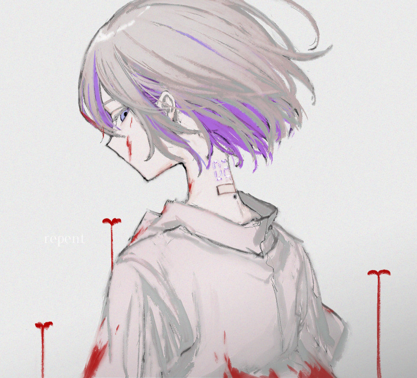 1girl blood blood_on_clothes blood_on_face character_request collared_shirt colored_inner_hair empty_eyes english_text film_grain floating_hair from_behind grey_hair highres looking_back msb_(a47630968) multicolored_hair number_tattoo original subdermal_port purple_eyes purple_hair segment_display shirt short_hair solo sprout tattoo upper_body white_background white_shirt wind wind_lift