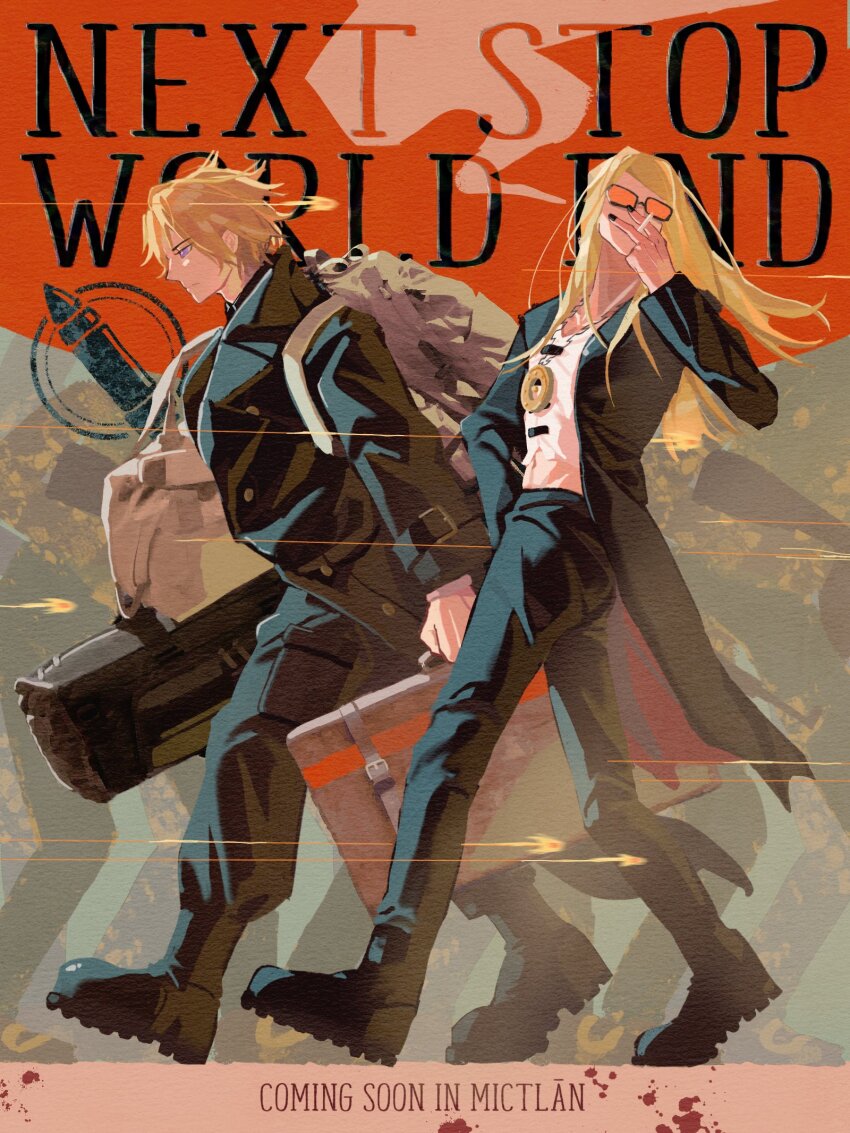 2boys black_boots black_pants blonde_hair boots daybit_sem_void expressionless fate/grand_order fate_(series) highres hungrycookies1 jewelry long_hair multiple_boys necklace pants sunglasses tezcatlipoca_(fate)